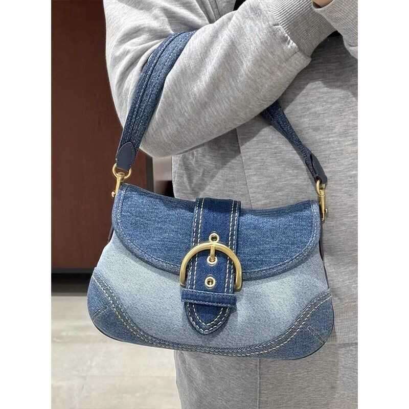 Denim Underarm for Women 2025 Spring Summer New Fashion French Style Bags Designer Women Patchwork Canvas Pea Single Shoulder Baguette Bag