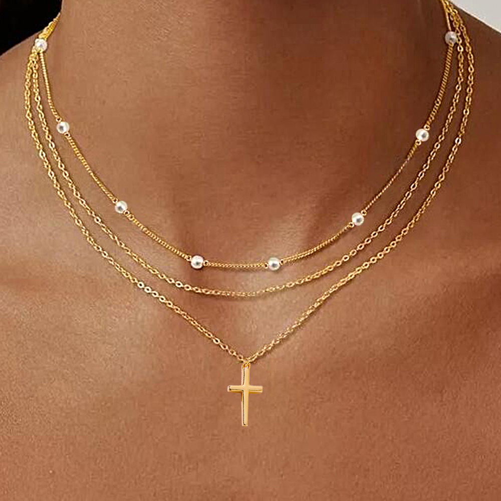 Pearl Cross Pendant Sterling Sier Necklace for Women Fashion Layered Collarbone Chain Jewelry for Women