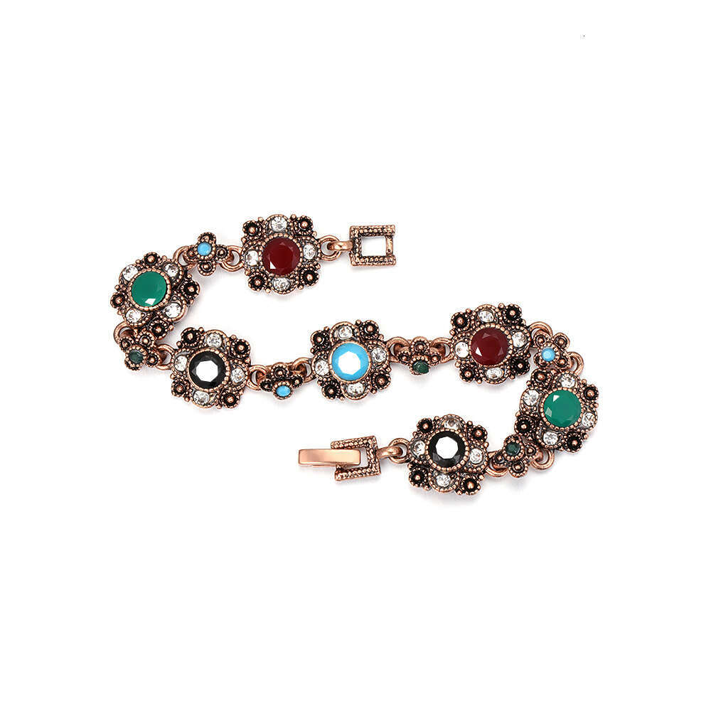 Vintage Floral Charm Bracelet - Antique Rose Gold/Black Alloy Chain with Gemstones | Wholesale Supplier (C1451)