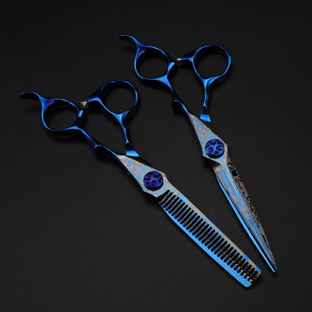 Professional 6 Blue Damascus hair cutting scissors Gem screw haircut thinning barber tools steel shears Hairdressing scissors 250812