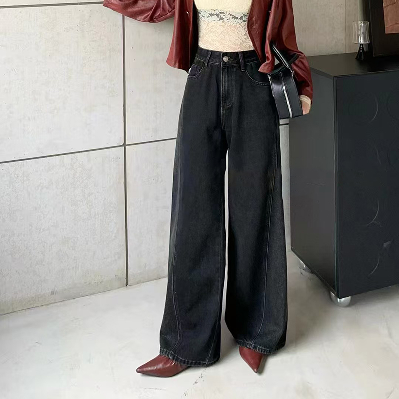 High-Quality Black Non-Elastic Wide-Leg Floor-Length Jeans