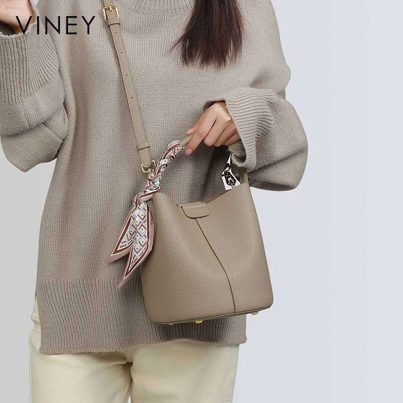 VINEY 2025 New Women's Messenger High-End Detachable Genuine Leather Handbag Bucket Bag