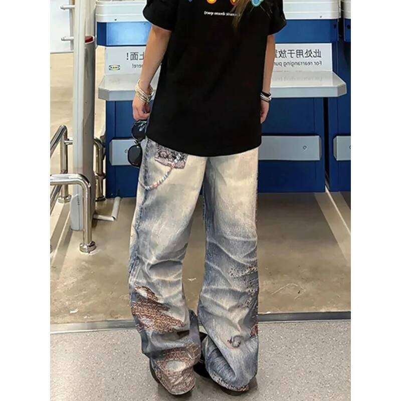 American High Street Casual Women's Jeans Straight Leg Print Deconstructed Denim Pants Loose Fit Comfortable Fashion Summer