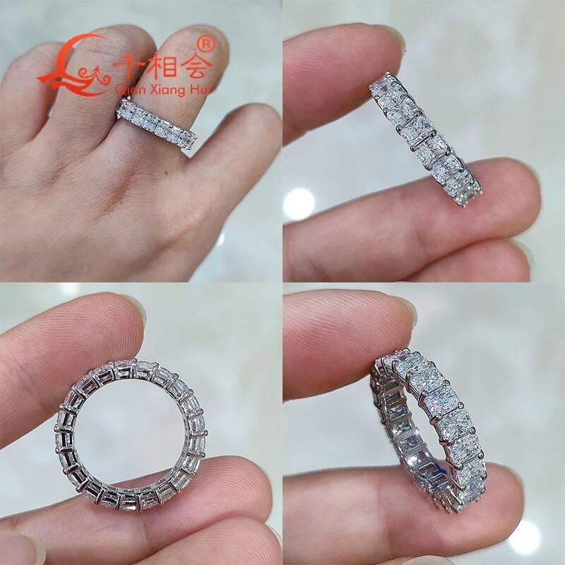 Radiant Cut White Moissanite 3x4 Eternity Band Ring 925 Sterling Silver Unisex Engagement Wedding Jewelry for Ladies And Men