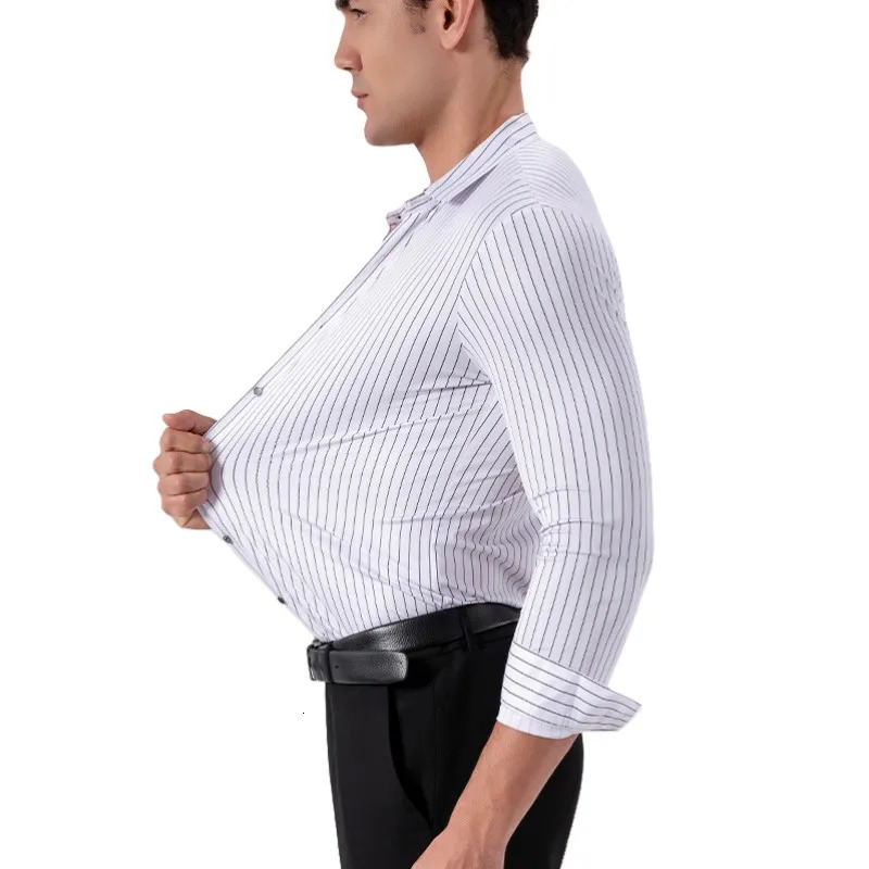 Spring Elastic Striped Shirt Mens Business Casual Shirt No Iron Long Sleeved Seamless Shirt Dress Shirts Basic Tops 250813