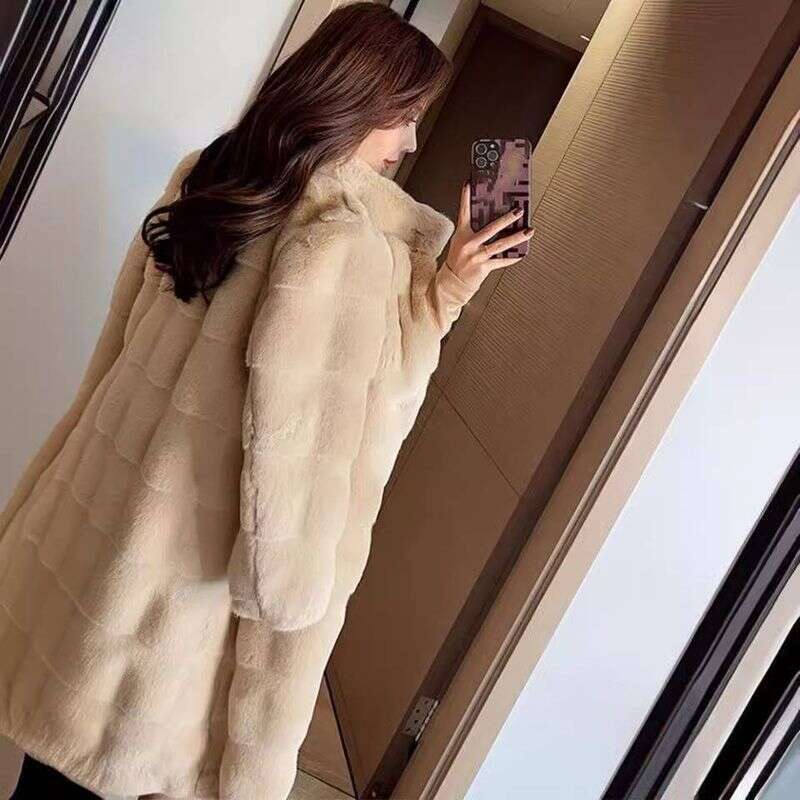 Faux Fur Coats Women Mid Length Coat Thick Warm Stand Collar White Apricot Open Stitch Autumn Winter Maxi Furry Outerwear