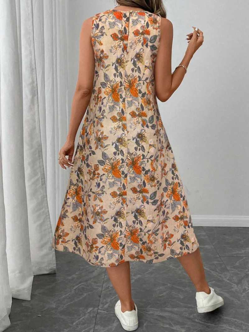 2025 Summer Womens Fashion New Floral Print Pocket A-line Dresses Casual O-neck Sleeveless Party Midi Dress Women Beach DressXJ250814