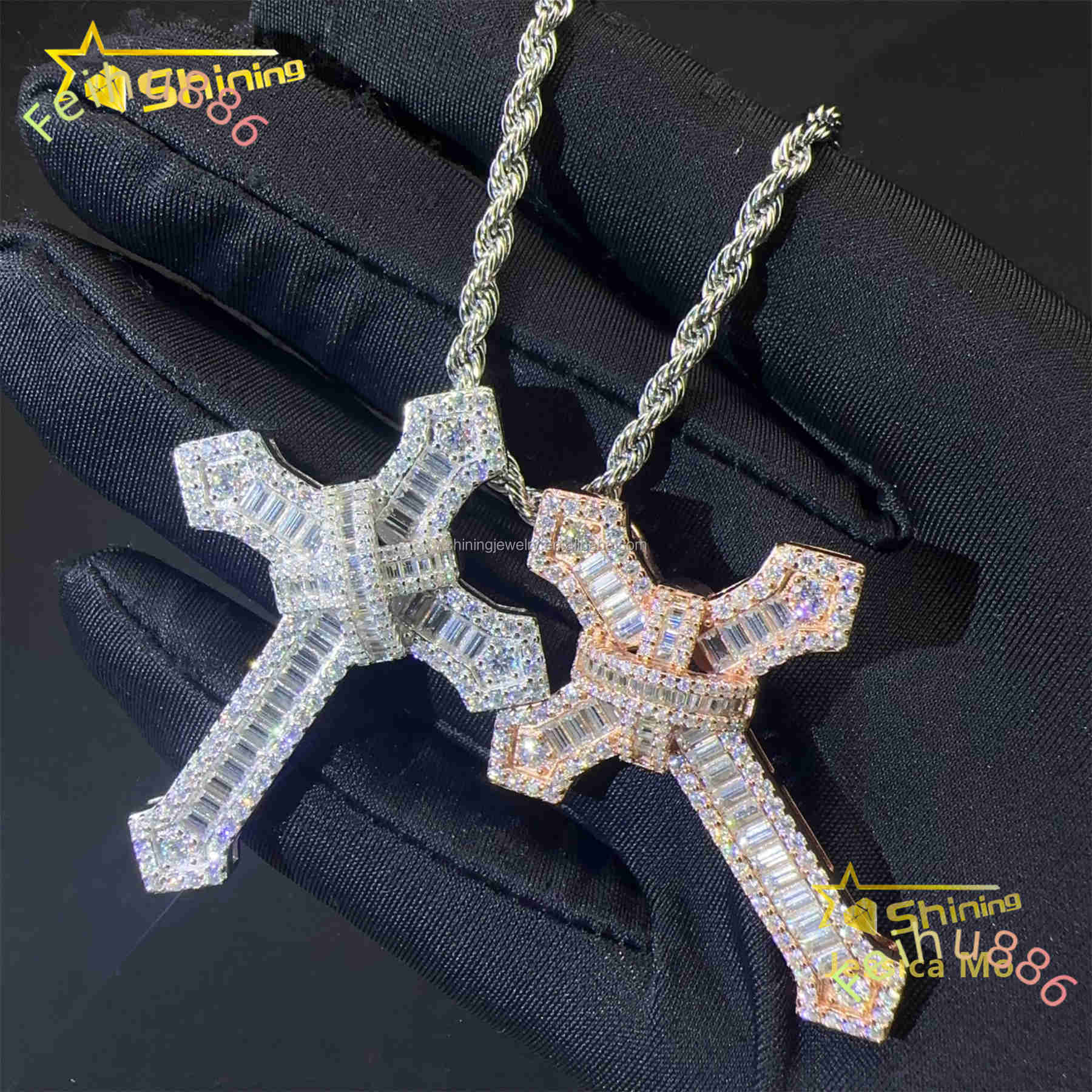 New Arrivals Bulk Stock Hip Hop Stylish Rapper Jewelry VVS1 Moissanite Baguette Diamond S925 Silver Iced Out Man Cross Pendant