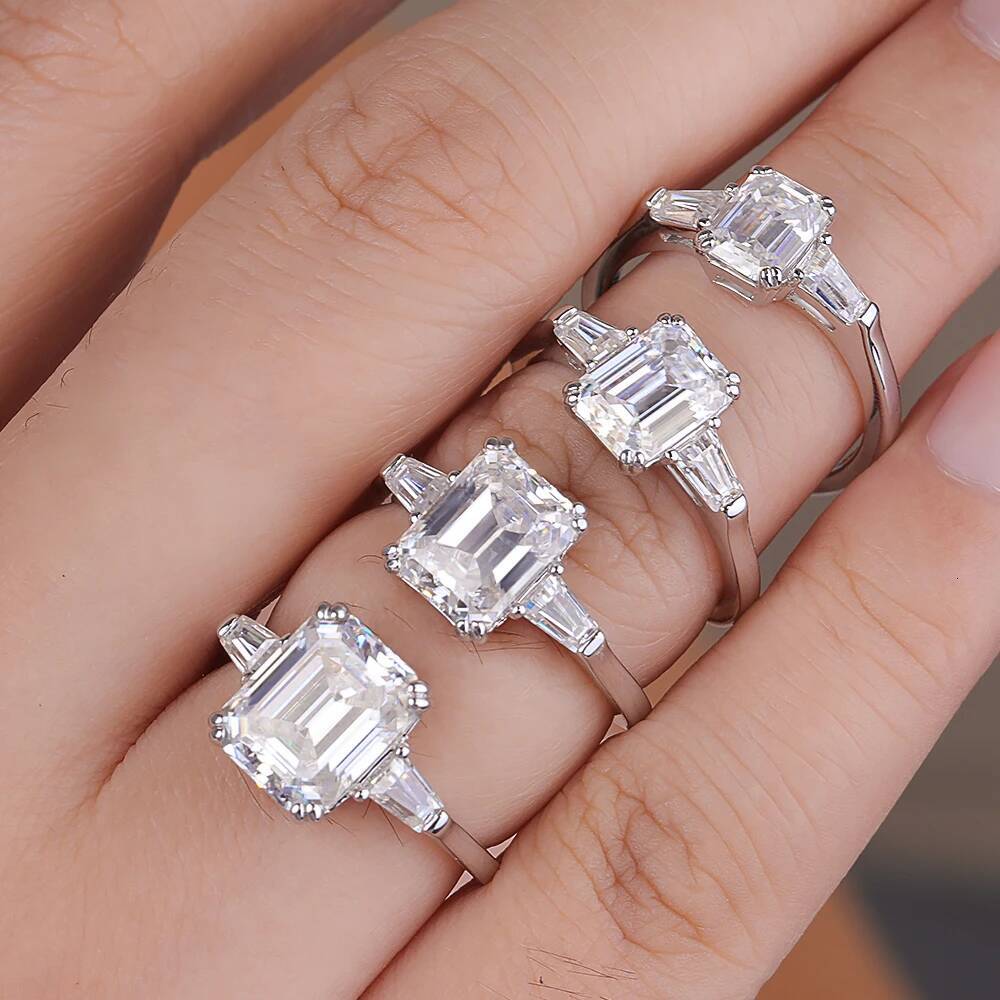 1/2/3/4Carat Emerald Cut Full Moissanite Engagement Rings with Tapered Baguette Cut Diamond S925 Silver Wedding Rings for Women