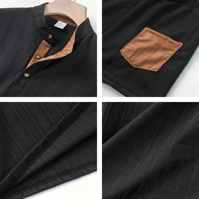 Mens summer fashion short sleeved T-shirt mens business casual Henley shirt breathable solid color stand up collar top 250813