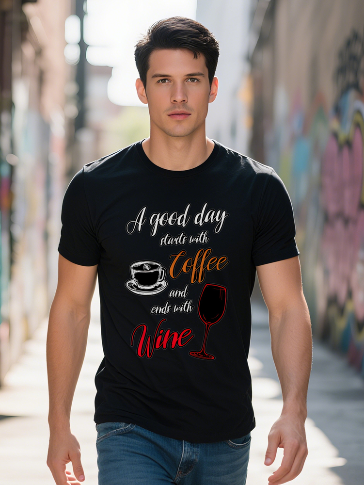 Men S Crew Neck T-Shirt A Good Day Starts with and Wine Print Slight Stretch Fabric Regular Fit Tee Perfect Gift