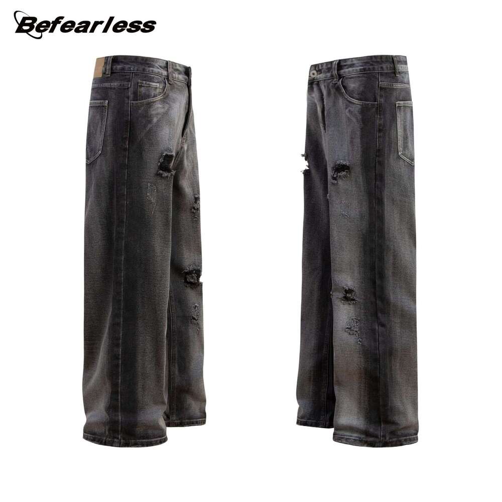 American Style Washed Ripped Cargo Jeans Trendy Loose Straight Unisex Wide Leg Floor-Length Casual Pants B5