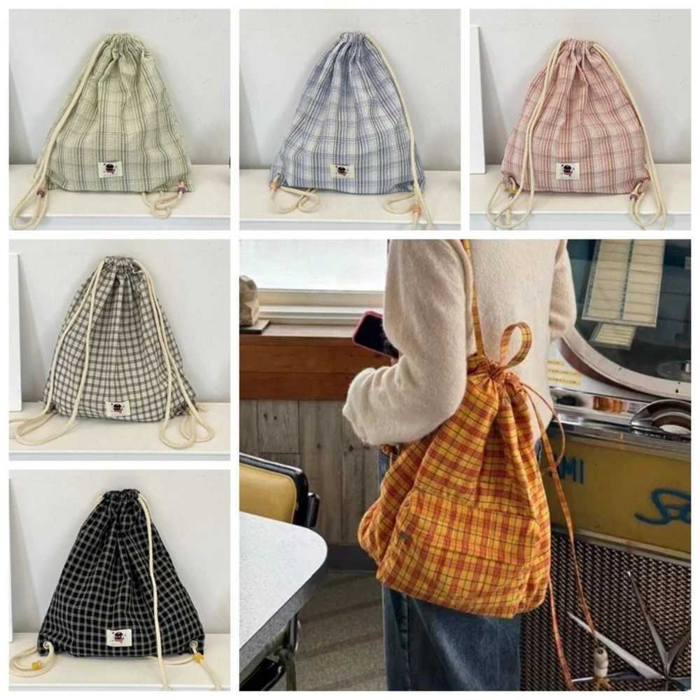 Vintage Korean Plaid Drawstring Bag Y2k Aesthetic Harajuku Plaid Backpack Casual Lightweight Student Schoolbags Outdoor XJ250814