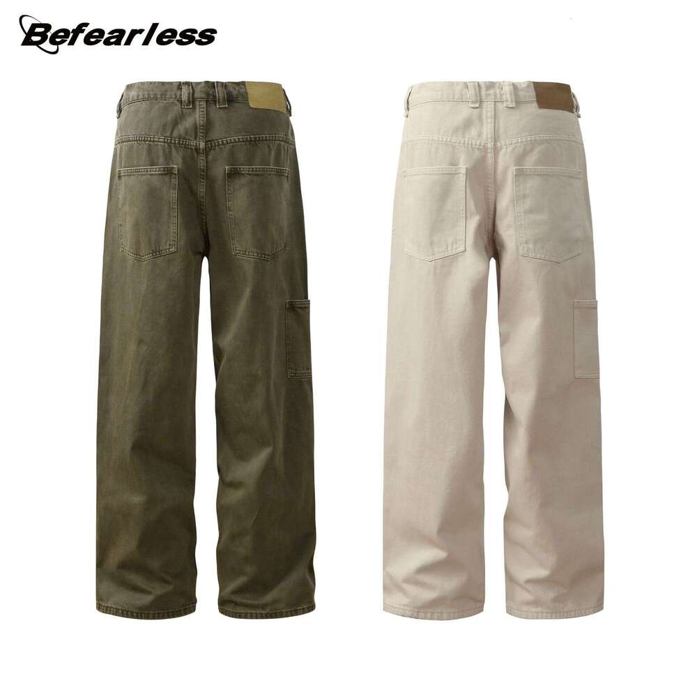 American Style Washed Vintage Color Block Straight Pants Unisex Loose Wide Leg Floor-Length Casual Trousers B5