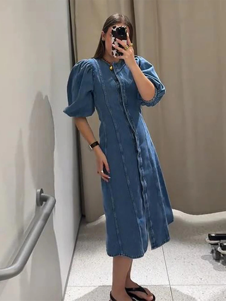 Denim Puff Short Sleeve Womens Dress Summer O-neck Covered Button Long Dresses Female 2025 Fashion Fit A-line Lady Robe 250813