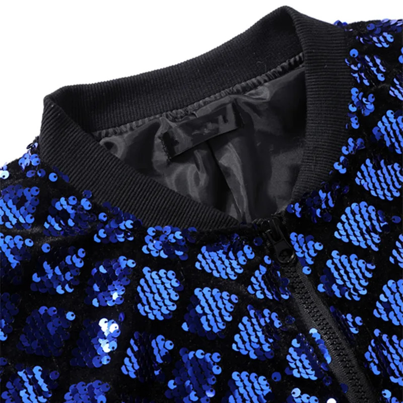 Fashion Men Baseball Collar Sequin Jacket Green / Black / Blue Trendy Homme Party Dance Bar KTV Casual Coat 250811