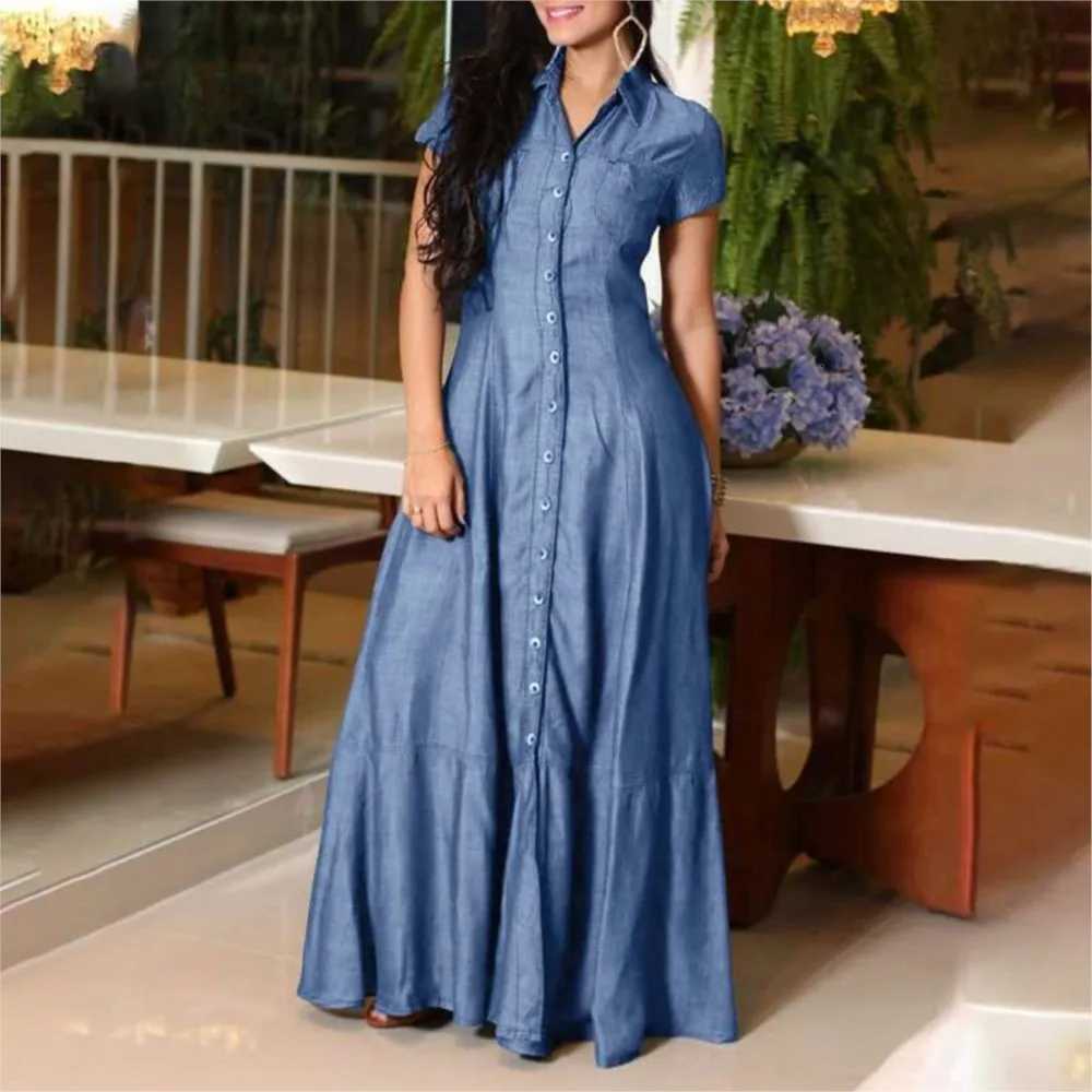 2024 Women New Lapel Pocket Splicing Casual Short Sleeve Solid Color Large Swing Denim Dress Loose Single Breasted Shirt Dress XJ250814