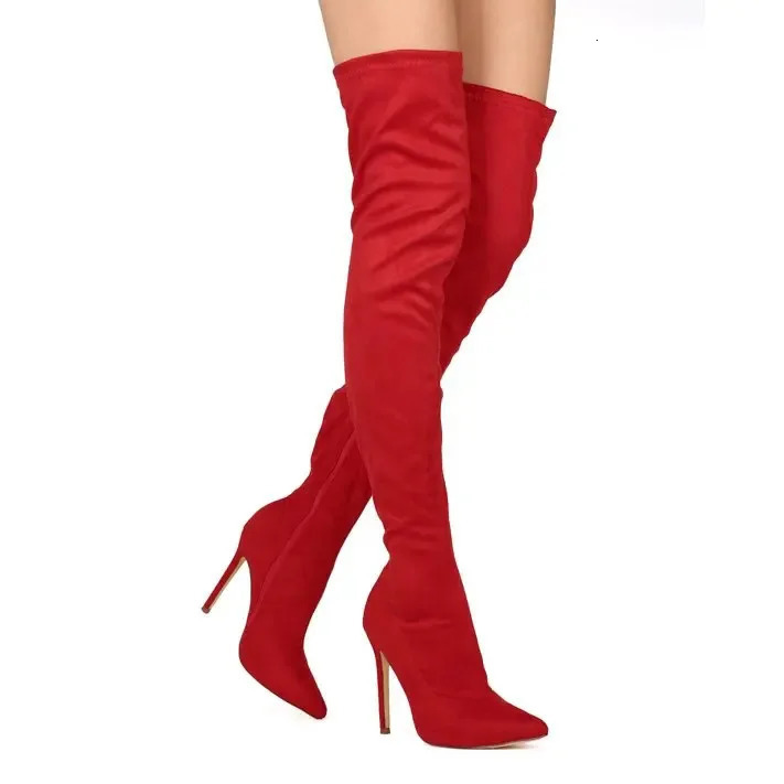 Big Size 34-46 Black Suede Women Thigh High Boot Sexy High Heels Pointed Toe Over The Knee Boots 250812