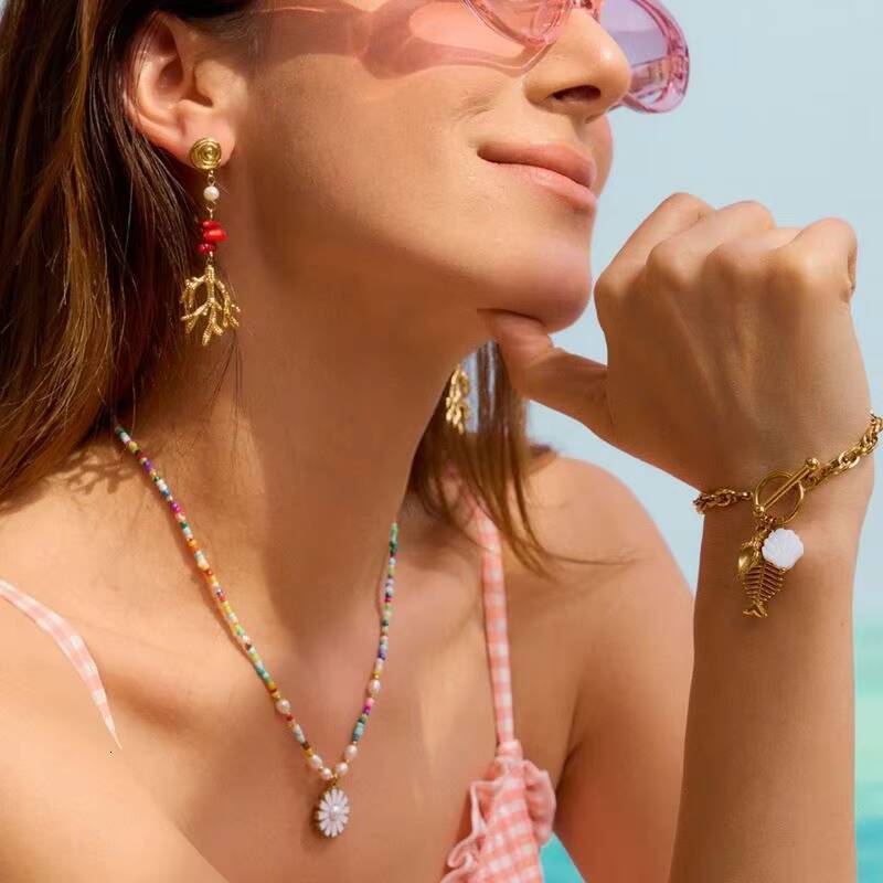 N & S Women's Coral Jewelry High-end Stainless Steel Cross-border Earrings Necklace