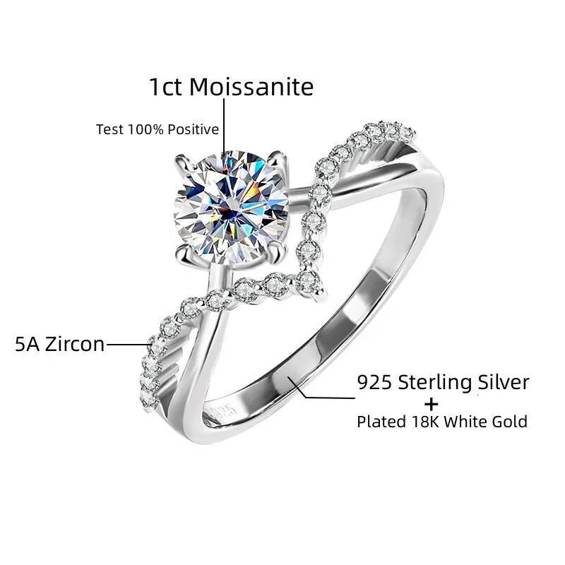 NKHOG Real S925 Silver 1ct Moissanite Ring For Women Band Plated 18K White Gold Pass Diamond Test Jewelry Wedding Cross Rings