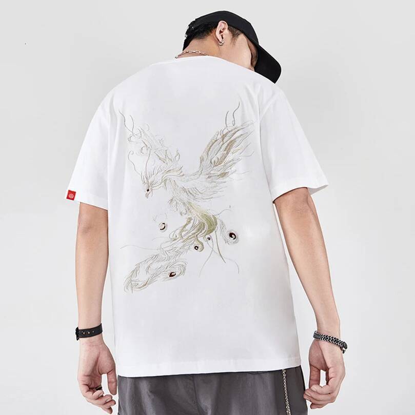 2025 Summer Cotton Trend Oversize Short Sleeve T-Shirt Men's National Chinese Style Tshirt Men's Phoenix Embroidery Top Tee Z1