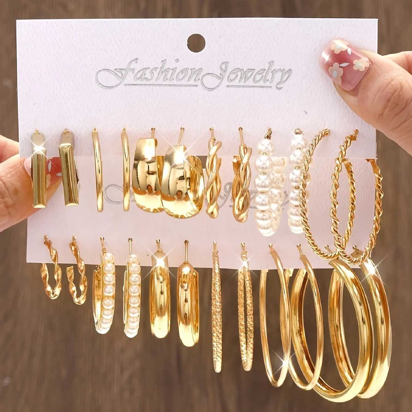 Fashion Geometric Hoop Earring Twisted Pattern Multi-Element Inlaid Imitation Pearl C-Shed Earring Womens Daily Party Jewelry XJ250814