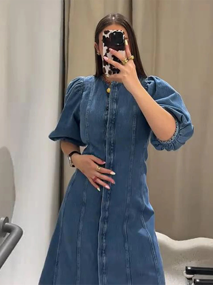 Denim Puff Short Sleeve Womens Dress Summer O-neck Covered Button Long Dresses Female 2025 Fashion Fit A-line Lady Robe 250813