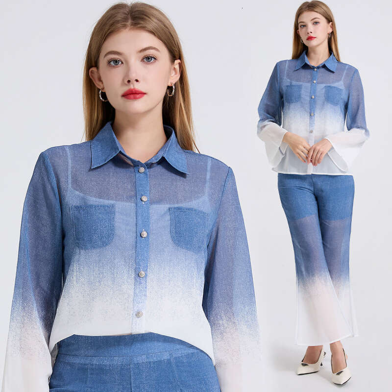 Fashion Gradient Print Shirt Sleeve Chiffon Blouse + High Waist Flared Pants Two-Piece Set