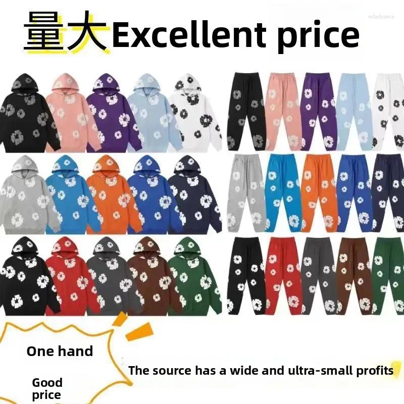 Men's Hoodies American Style Flocking Cotton Hoodie Sweatshirt And Pants Set Plant Floral Pattern Full Sleeve Length Made In China