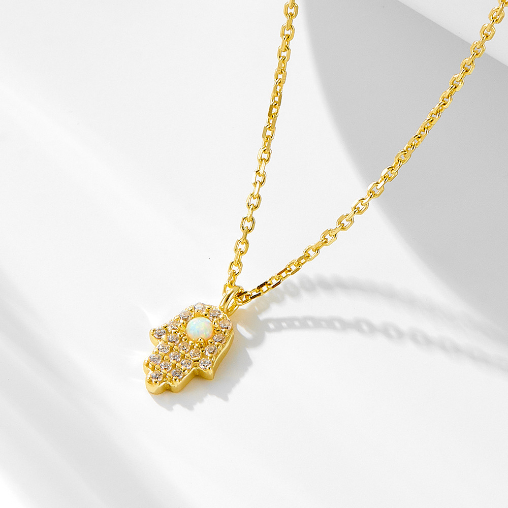 Pure Sier Fatima Hand Necklace for Women, Niche Ins Style, Inlaid with Dias, Opal Mini Palm Collarbone Chain Jewelry for Women