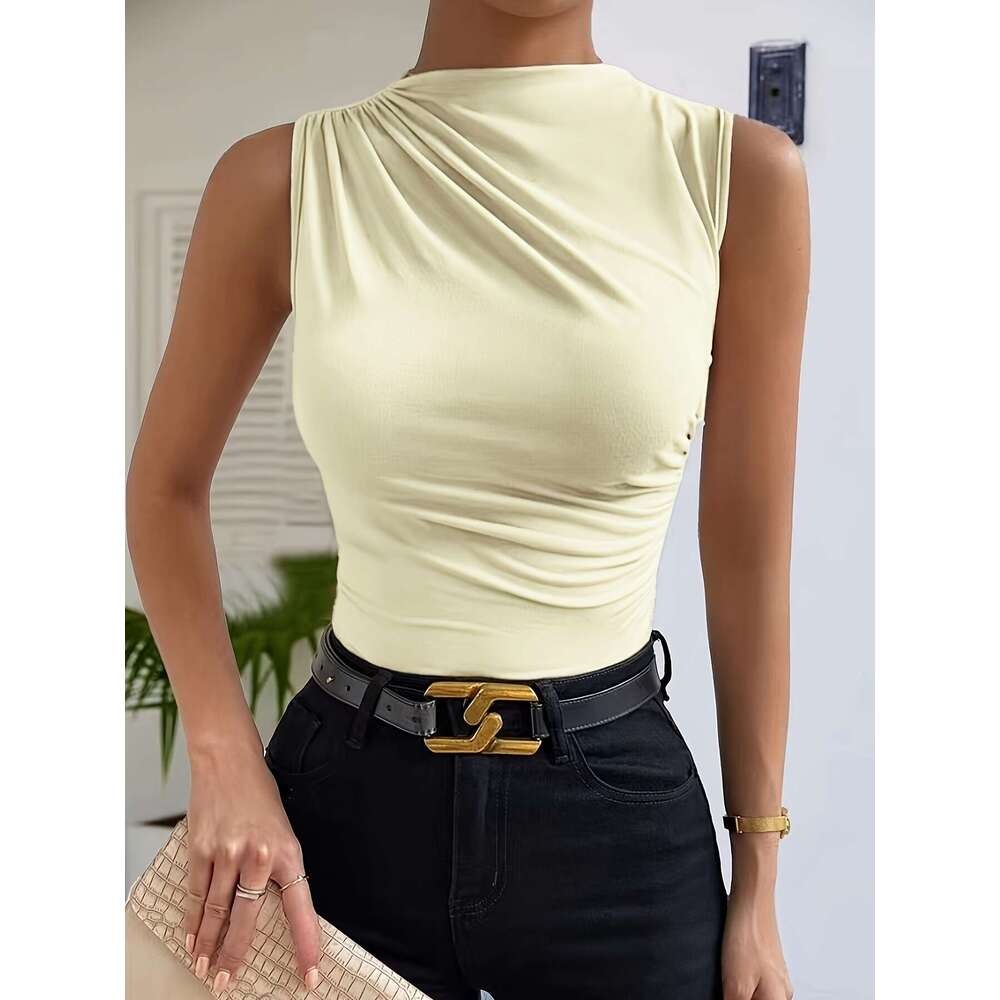 European 2025 Spring Summer New Fashion Versatile designer t shirt Solid Color Ruched Sleeveless Pullover Half High Neck T-Shirt
