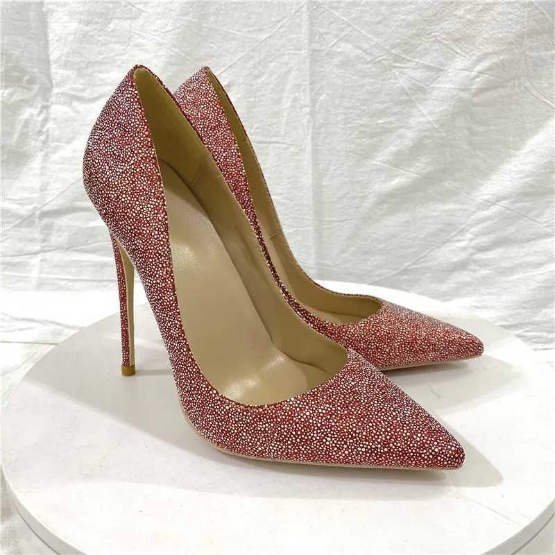 12CM Pointed Thin Heels Wedding Shoes with Sequins for Women Soft Leather Shallow Mouth Single Shoes W250814