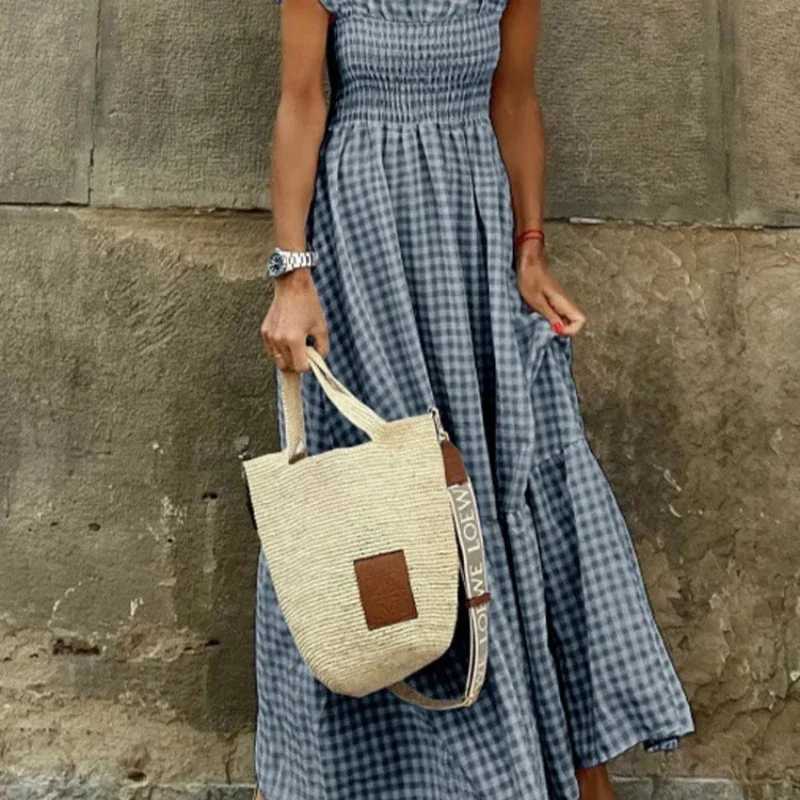 100% Plaid Slip Maxi Long Dress Summer Women Strapless Ruffle Backless Pleated Elastic Waist Boho Party Swing Loose Dresses XJ250814