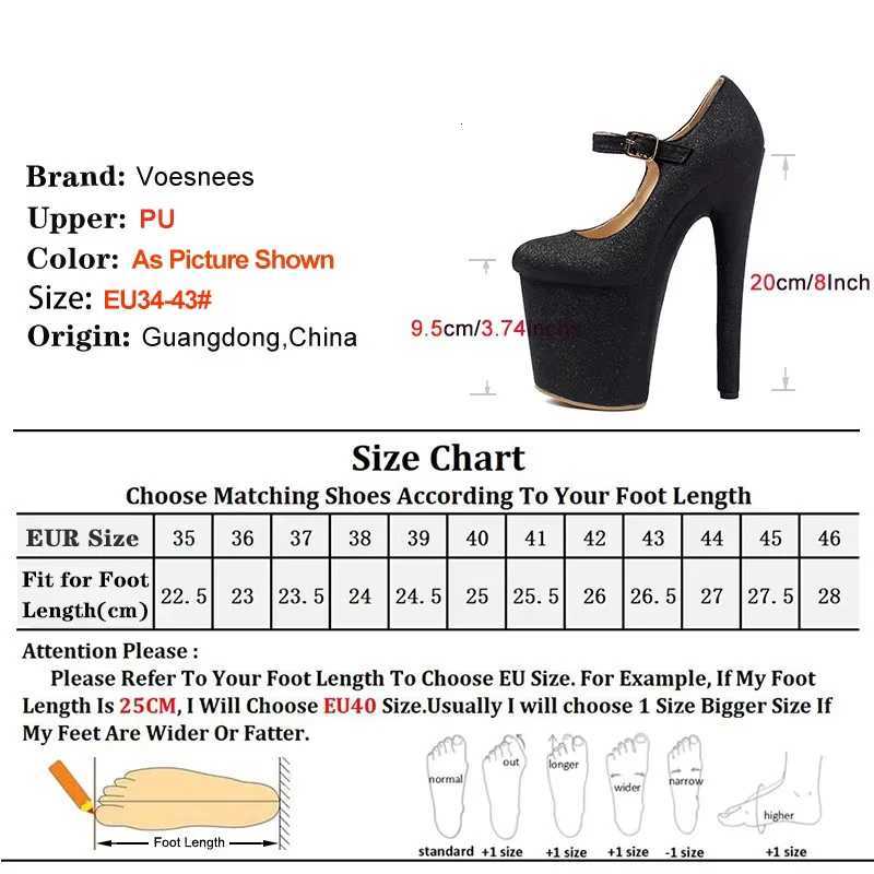 20cm High Heels New Buckle Strap Fashion Platform Fetish Black Pumps Ladies Bling Nightclub Party Shoes Plus Size W250814