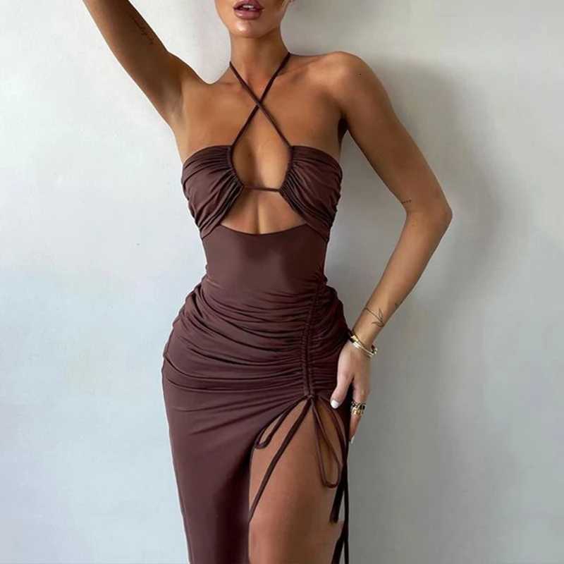 Summer Black Sexy Dress For Women Sleeveless Backless Hollow Out Party Dress Fashion Lace-up Halter Bodycon Ele Split Dress XJ250814