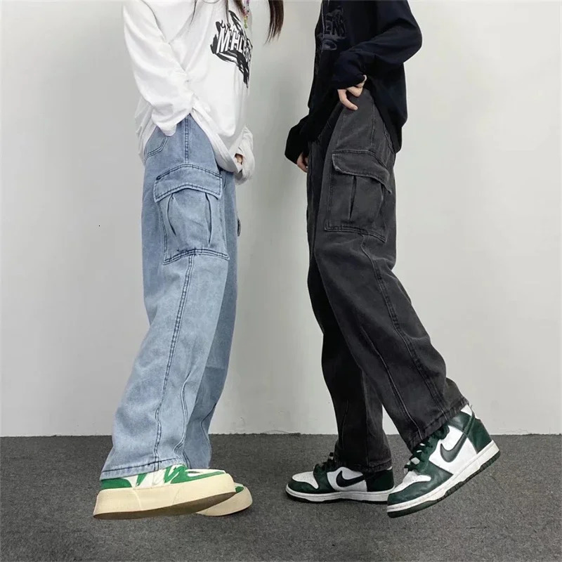 Baggy Straight Mens Cargo Jeans Fashion Streetwear Hip Hop Wide Pants Harajuku Y2K High Street Korean Male Denim Trousers 250813