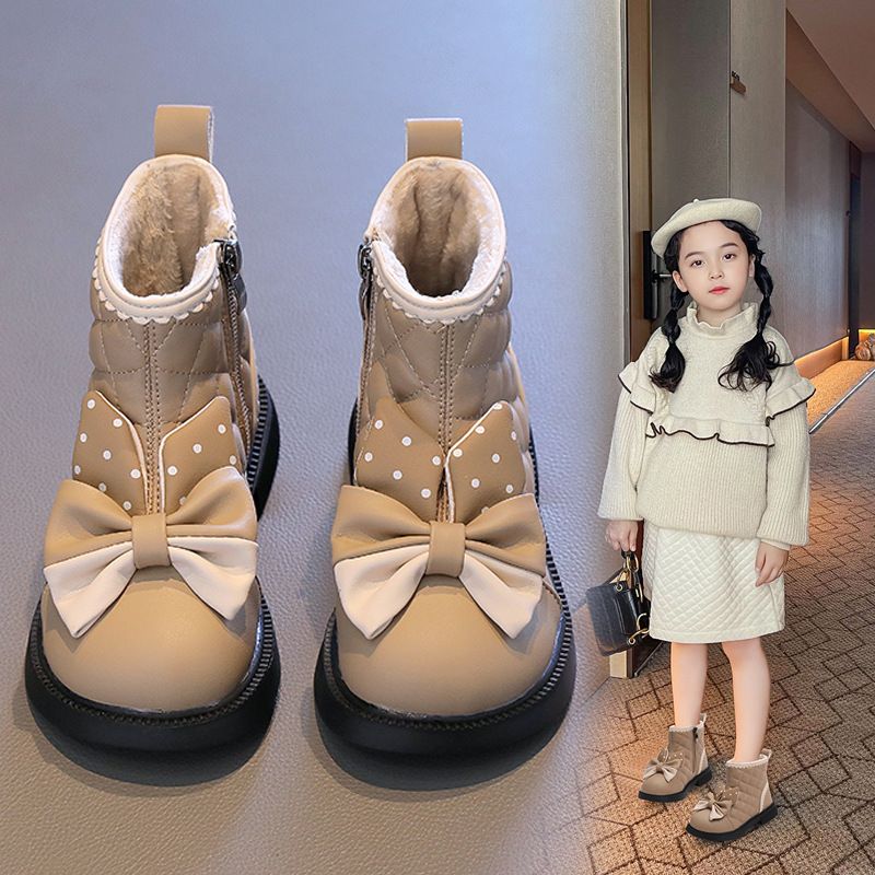 New Toddler Winter Shoes Girls Ankle Boots Bow Grid Booties Princess Cute Snow Boots Kidsnest Kids PU Leather Dress Shoes Sizes US7C-US4Y