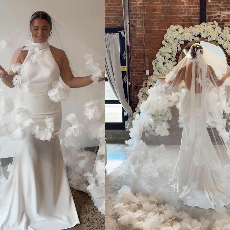 White Ivory Bridal Veil Long Cathedral Wedding One Layer Veil Hand Sewn 3D Flowers Floral Lace Veil Wedding Accessories