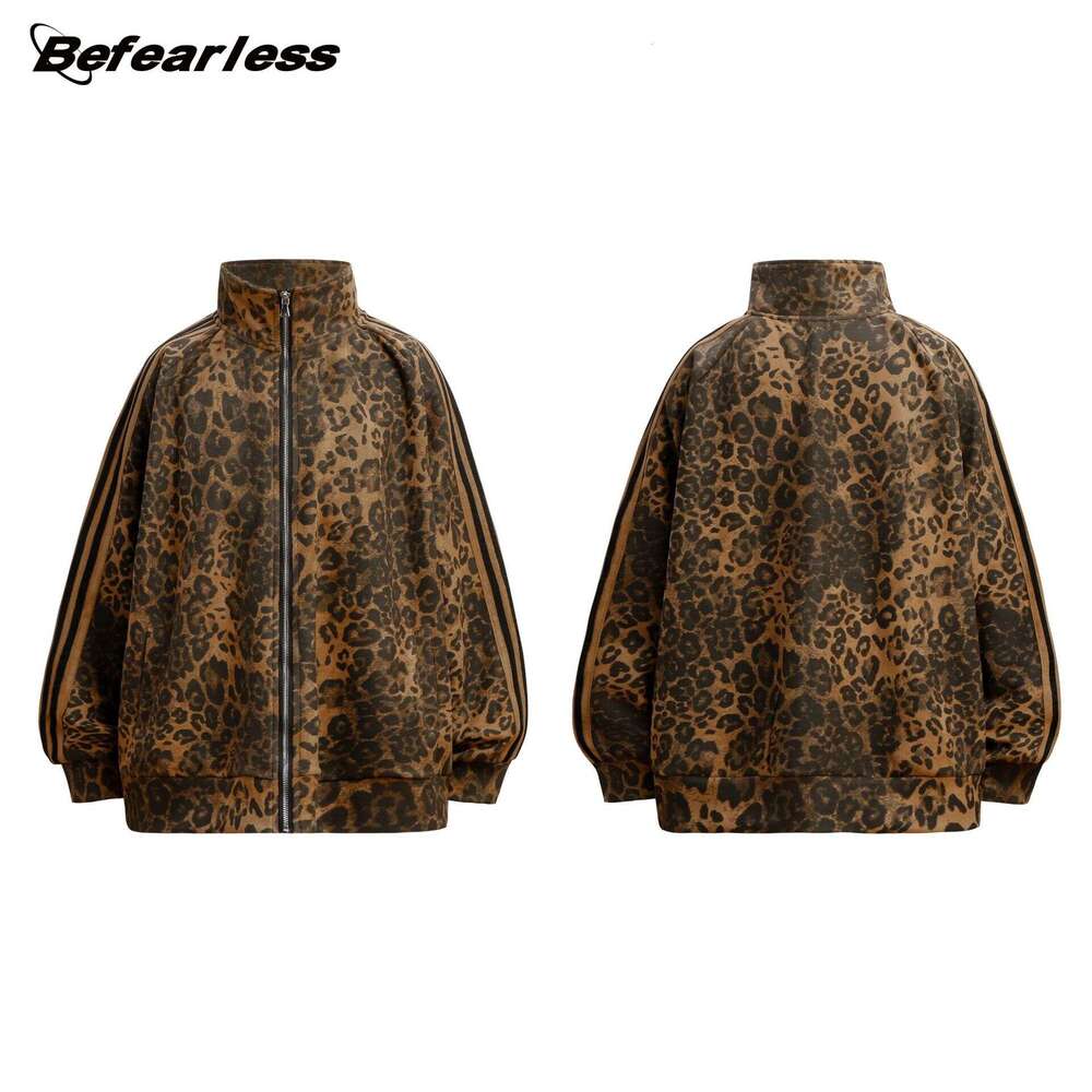 American Style Trendy Leopard Print Design Sweatshirt Set Men Women, Loose Fit, Unique Stand Collar Cardigan Jacket For Autumn And Winter B5