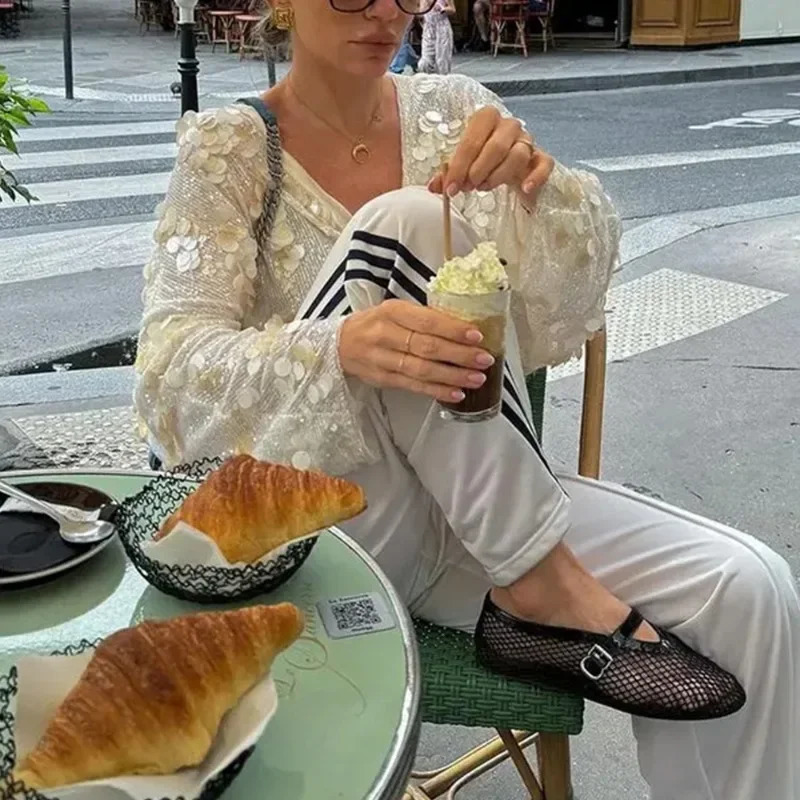 Womens Shiny Jacket Solid V-Neck Lace-up Sequined Long Sleeve Coat Streetwear Female Autumn Casual Top Jacket Outfits 250811