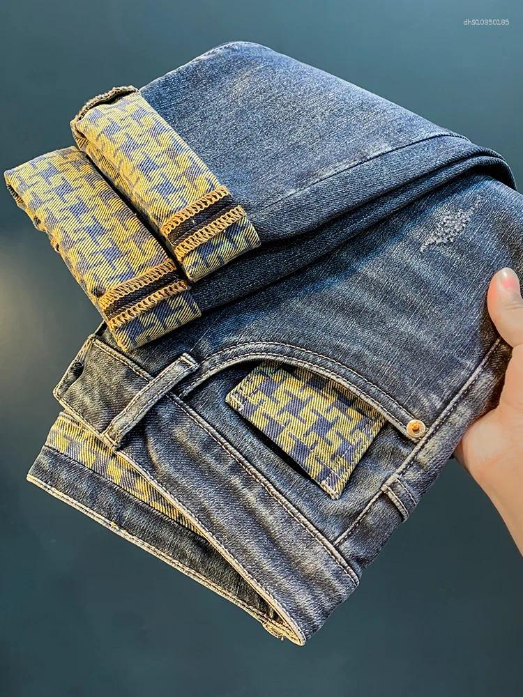 Designer Men's Jeans Spring Trendy For High End Light Luxury Design Fashion High Quality Thousand Grids Print Elastic Casual Straight Fit Loose C