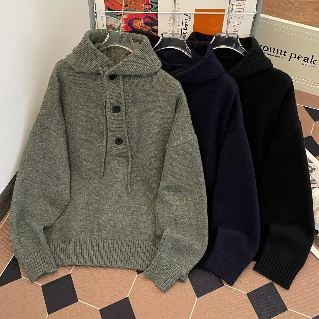 American autumn and winter men and women trendy personalized hooded sweater for couples loose retro knitted casual Harajuku top 250813