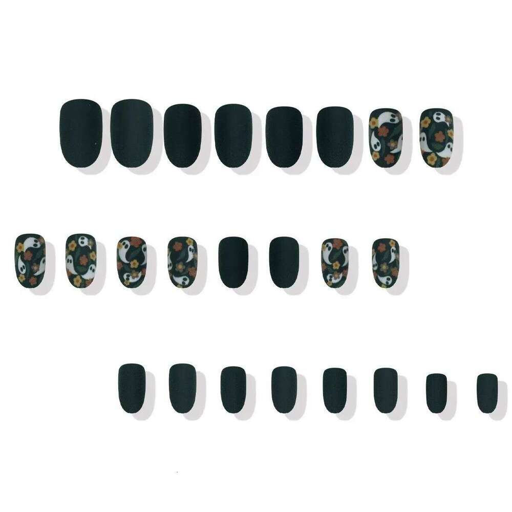 24pcs Al Cute Flower Ghost Pattern Design Fake Press On Halloween Short Oval Fashion Matte False Nails Wearable X250814