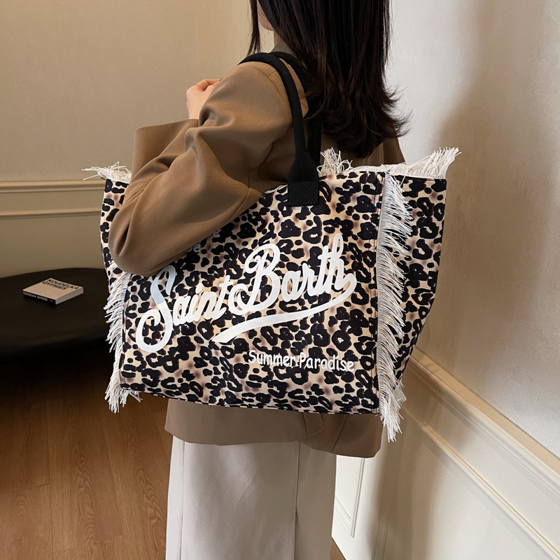 New Women's Large Capacity Leopard Print Canvas Handbag Free Shipping Designer Fashion Travel Bag Handmade Tassel Luxury Shopping Single Shoulder