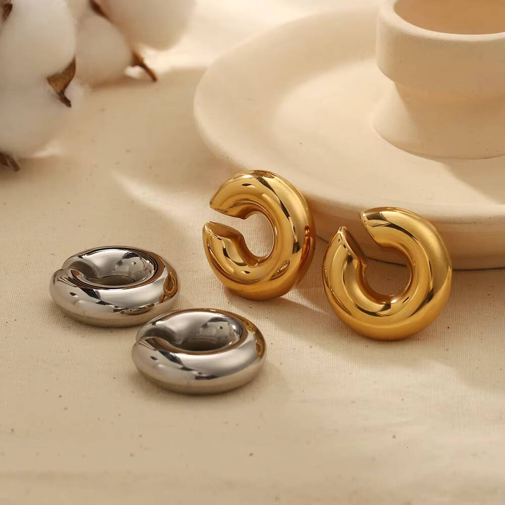 New Fashion Exaggerated Gold-Plated C-Shaped Clips Ear Cuffs Glossy Waterproof Stainless Steel Earrings