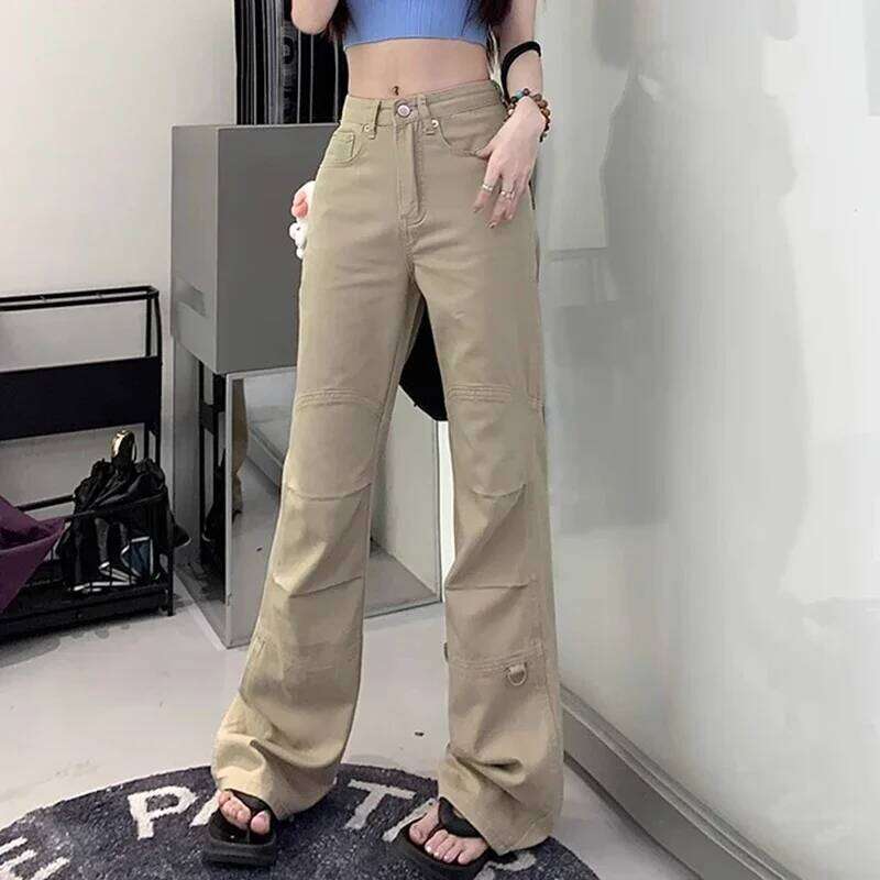 Woman High Waist Fashion Loose Flare Jeans Female American Casual Bell Bottom Pants Girls Designer Khaki Denim Cargo Trousers