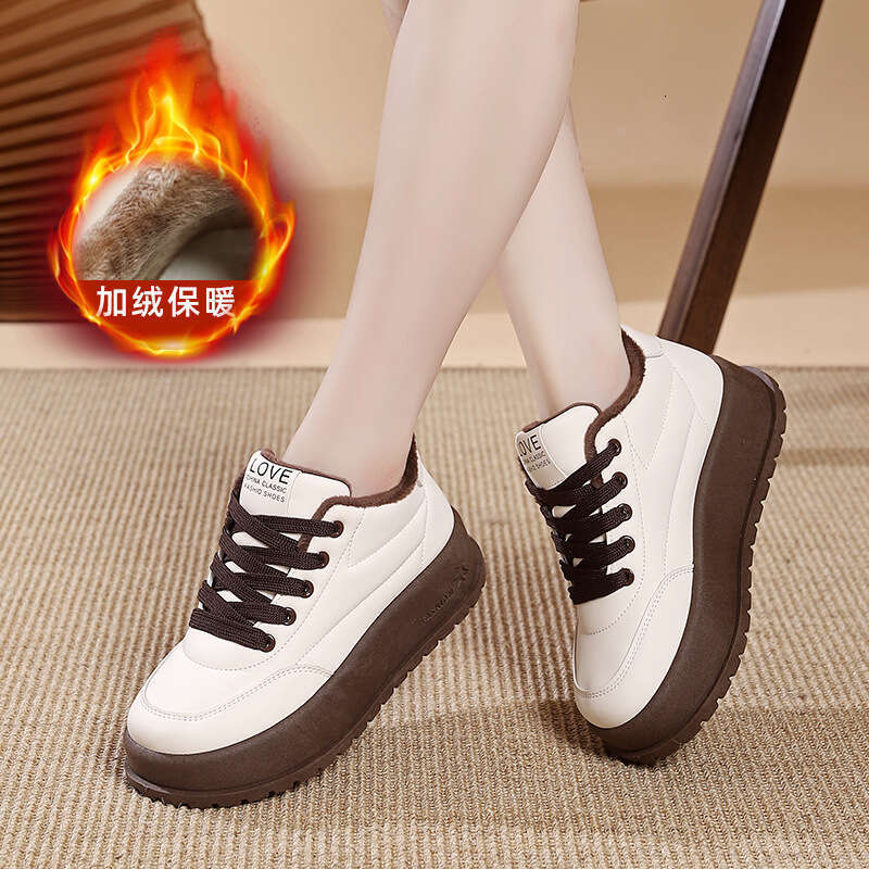 Platform Thick Sole Solid Color Women's 2025 New Autumn Winter Sneakers Versatile Loafers Fleece Lined Cotton Shoes