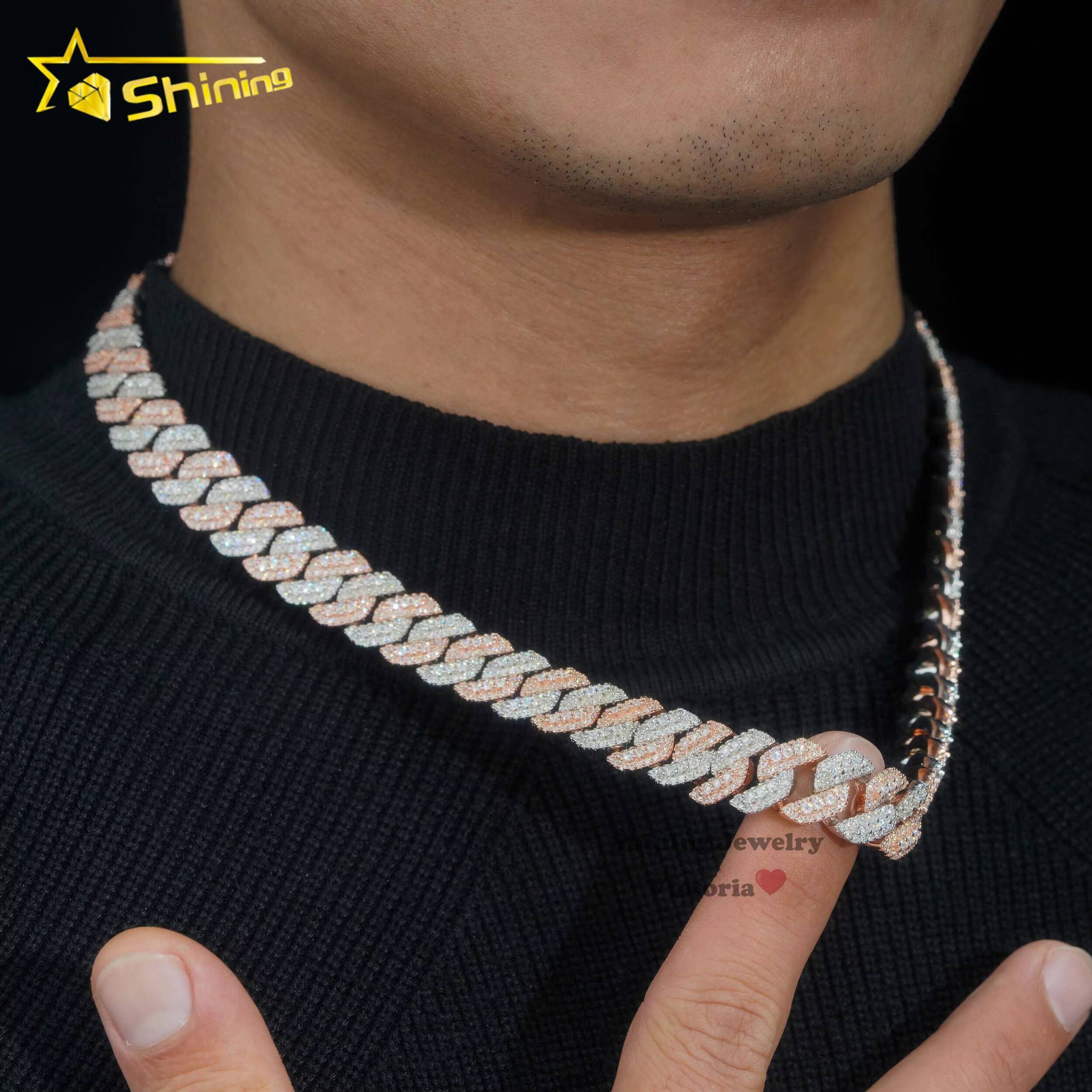Rose Gold Plated Two Tone Iced Out 13mm Sterling Sier Pass Dia Tester Hip Hop Jewelry Vvs Moissanite Cuban Link Chain