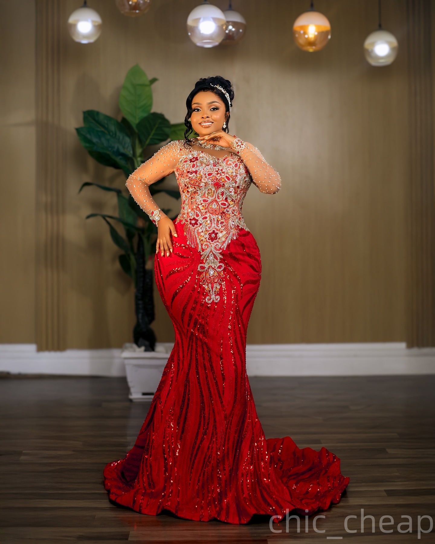 Red Mermaid Prom Dresses 2025 Beaded Lace Full Sleeves Sparkly Evening Formal Party Second Birthday Engagement Gowns Plus Size Dress For Special Occas