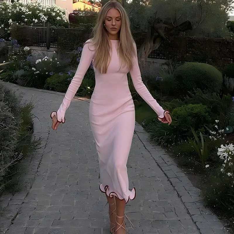 Autumn New Maxi Dresses Women Fashion Ele Round Neck Pleat Long Sleeve Casual Slim Dress Lady Sexy Backless Club Party Dress XJ250814